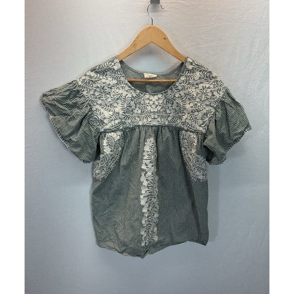 Layerz Mexican Blouse Womens‎ Floral Embroidery Gingham Boho Peasant Sz S Travel